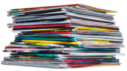Stacked pile of assorted magazines isolated on transparent background &mdash; high-resolution PNG cutout perfect for editorial layouts, publishing mockups, media branding, blog thumbnails, posters