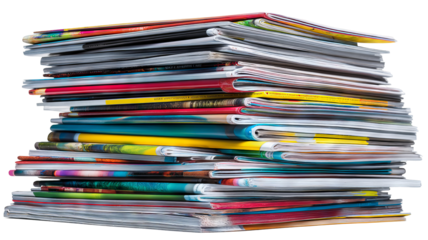 Stacked pile of assorted magazines isolated on transparent background — high-resolution PNG cutout perfect for editorial layouts, publishing mockups, media branding, blog thumbnails, posters