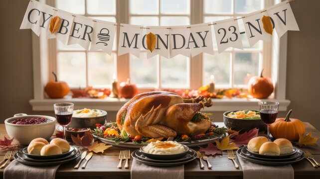 A festive thanksgiving dinner table is set with a roasted turkey, side dishes, and rolls, under a cyber monday 23nov banner, celebrating the holiday season and shopping event