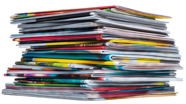 Stacked pile of assorted magazines isolated on transparent background — high-resolution PNG cutout perfect for editorial layouts, publishing mockups, media branding, blog thumbnails, posters