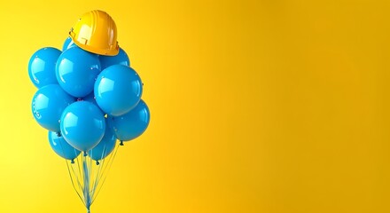 A bunch of blue balloons tied together with a yellow hard hat on top, set against a vibrant yellow background, symbolizing construction or safety