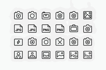 Camera icons vector set for photography website design and mobile application interface in line style