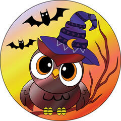 Halloween Owl with Witch Hat and Bats in Full Moon