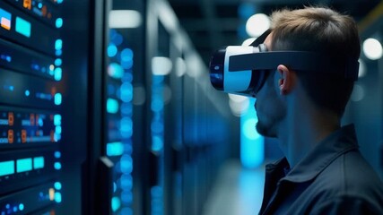 A person in a virtual reality headset standing in a modern server room environment - Powered by Adobe