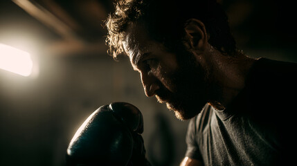 Focused male boxer training intensely in a dimly lit gym, highlighting determination and strength.