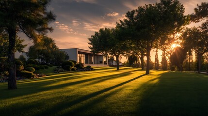 The warm light of a sunset bathes a lush green lawn in front of an elegant modern house, casting long shadows and creating a serene evening atmosphere.