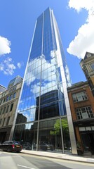 Vibrant Skyscraper with Mirror Glass Facade Under Blue Sky and Fluffy White Clouds