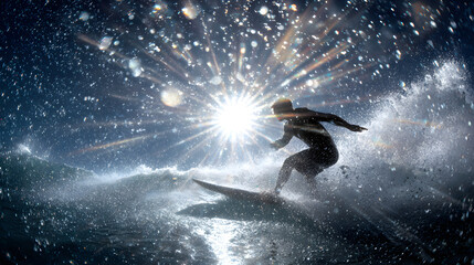 Fototapeta premium Silhouetted male surfer skillfully rides a wave, with sunlight creating a dazzling spray of water droplets around him.