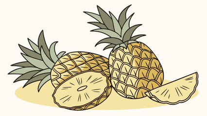 Illustration featuring two whole pineapples with a slice and a half pineapple on a light background