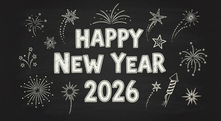 Happy new year 2026 chalkboard design with festive fireworks and stars on a black background