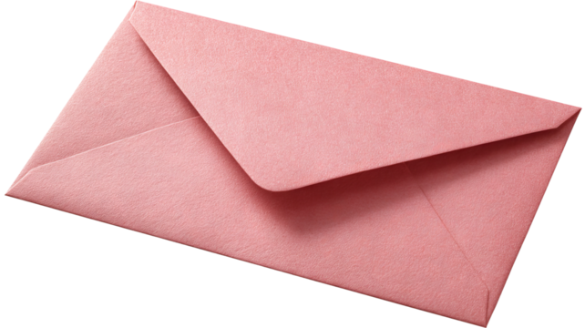 Pretty pink envelope lying on flat surface — high-resolution transparent-background PNG cutout, isolated for stationery mockups, invitations and greeting cards, branding and packaging, e-commerce