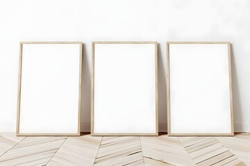 Three vertical wooden frame poster on wooden floor with white wall. 3 frame mock up. 3D illustration. 