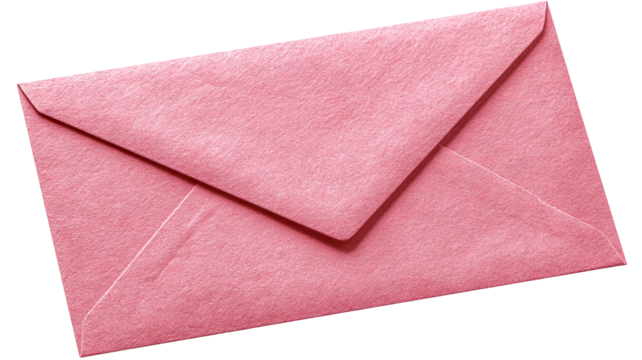 Pretty pink envelope lying on flat surface — high-resolution transparent-background PNG cutout, isolated for stationery mockups, invitations and greeting cards, branding and packaging, e-commerce