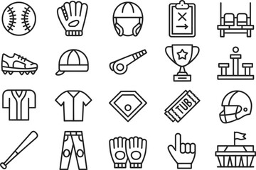 Baseball equipment vector icons set for sport game including bat glove helmet and uniform design elements