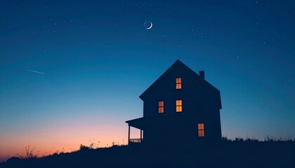 Fototapeta premium Silhouette of a House Under a Starry Night Sky with a Crescent Moon