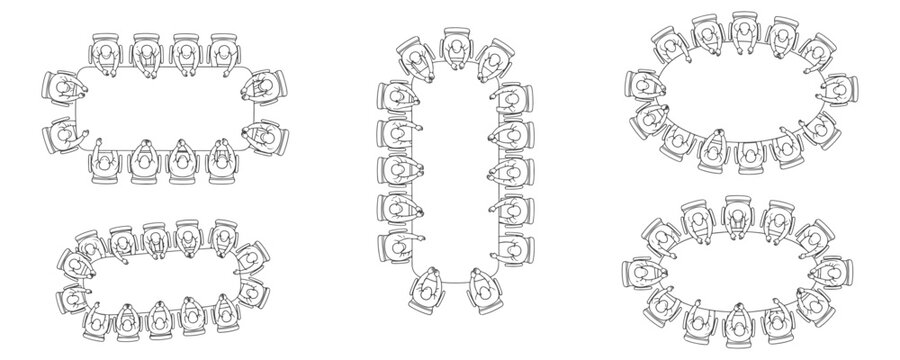 CAD-style technical top view outline drawings of people sitting around conference tables, minimal vector illustration set for architectural plans and office design layouts