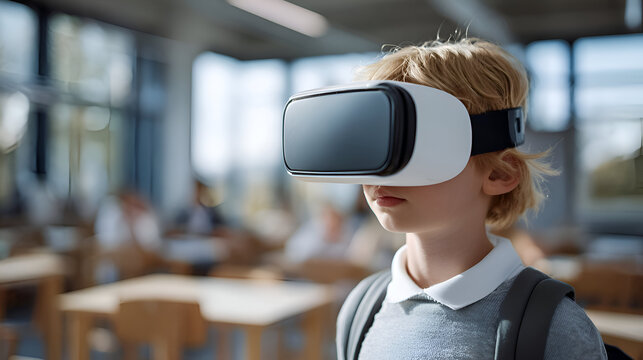 Curious young student experiences immersive virtual reality learning in a bright, modern classroom setting - Powered by Adobe