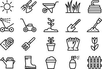 Vector gardening tools and equipment icons set for landscaping lawn care and outdoor plants maintenance