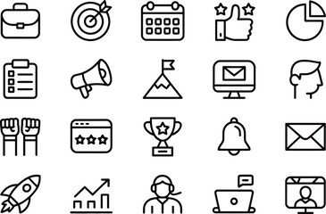 Fototapeta premium Business management and marketing strategy icons vector set for success and growth planning concept