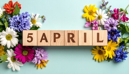 Wooden Blocks with Date 5 April. Floral Calendar – Vibrant Flowers on Solid Colored Background