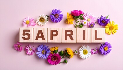 Wooden Blocks with Date 5 April. Floral Calendar – Vibrant Flowers on Solid Colored Background