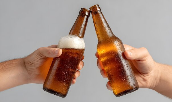 two hands toasting with brown glass beer bottles - Powered by Adobe