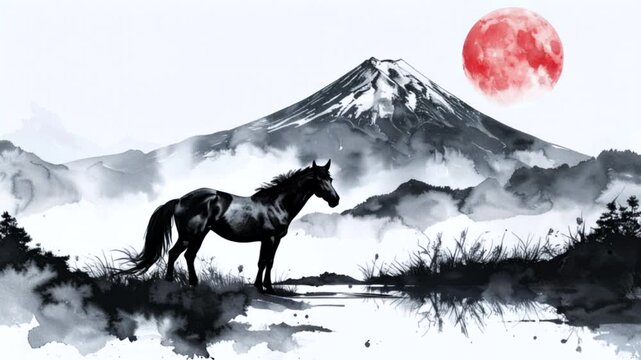 富士山と日の出を背景に水を飲む馬の水彩・水墨画アニメーション  午年の年賀状素材
