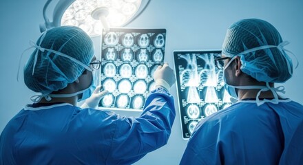 Two medical professionals in scrubs examining xray images under surgical lights, discussing patient diagnosis and treatment