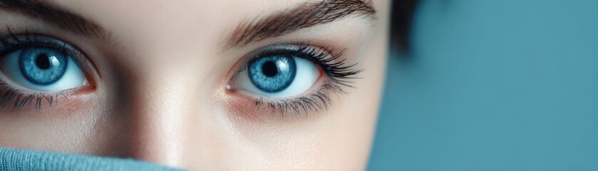 Fototapeta premium Dark circles and bags concept. A close-up portrait showcasing expressive blue eyes and serene beauty.