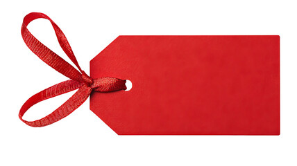 Red gift tag with satin ribbon — blank paper label isolated on transparent background, high-resolution PNG cutout for holiday gift wrapping, retail pricing, packaging and branding mockups, e-commerce