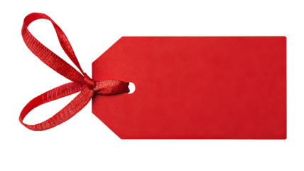 Red gift tag with satin ribbon — blank paper label isolated on transparent background, high-resolution PNG cutout for holiday gift wrapping, retail pricing, packaging and branding mockups, e-commerce