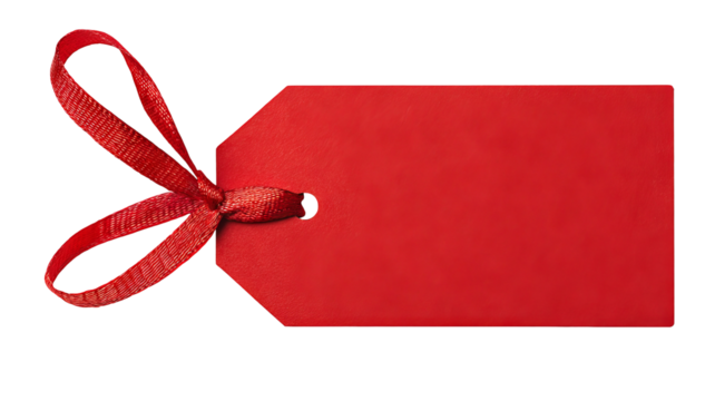 Red gift tag with satin ribbon — blank paper label isolated on transparent background, high-resolution PNG cutout for holiday gift wrapping, retail pricing, packaging and branding mockups, e-commerce