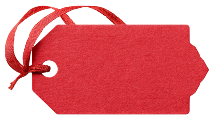 Red gift tag with satin ribbon — blank paper label isolated on transparent background, high-resolution PNG cutout for holiday gift wrapping, retail pricing, packaging and branding mockups, e-commerce
