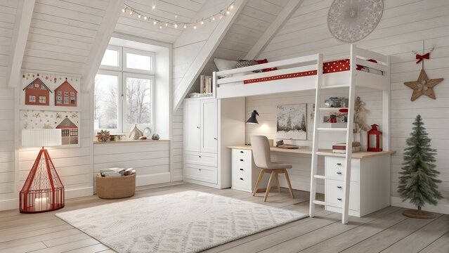 White minimalist scandinavian child bedroom with gingerbread house display and loft bed over study desk for US homes