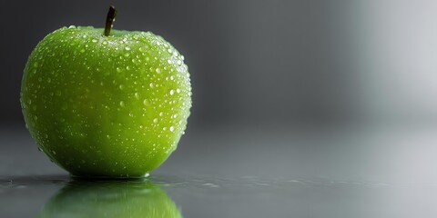 Vibrant green apple with fresh dew drops showcasing healthy organic produce ideal for nutritious snacks natural food and dietary wellness in modern lifestyles