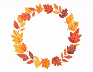 Autumn Leaves Watercolor Wreath with Fall Colors and Natural Elements on White Background