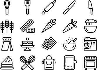 Bakery icons set vector illustration of baking ingredients and cooking tools for culinary designs