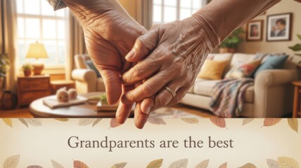 A closeup shot of elderly hands clasped together in a living room setting, conveying love, support, and the enduring connection between grandparents and family, with autumn accents