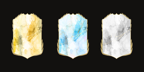 Set of three decorative football cards with abstract marble texture in gold, blue and grey colors on black background. Illustration template with golden frame. Design layout of football card poster