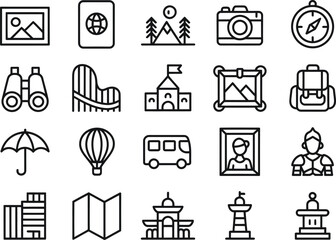 Travel tourism icons vector set adventure and vacation planning elements for web design and mobile apps