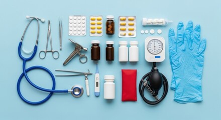 A collection of medical instruments and supplies arranged neatly on a blue background, including a stethoscope, blood pressure monitor, and gloves