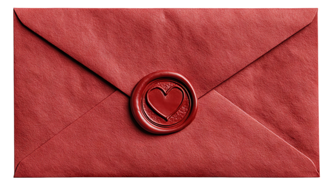 Red love letter envelope with wax heart seal — high-resolution transparent-background PNG cutout, isolated romantic stationery for invitations, greeting cards, wedding suites and valentine’s day