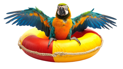 Parrot in Colorful Lifebuoy with Outstretched Wings isolated on a transparent background