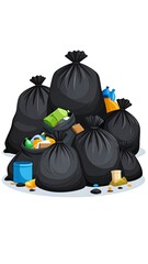Pile of black garbage bags filled with various trash items