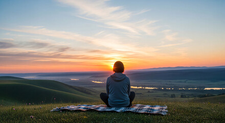 Serene Dawn: Woman Meditating in Nature's Embrace