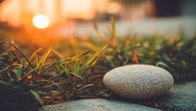 Smooth stone rests on a flagstone path with grass, bathed in the golden light of a sunset or sunrise