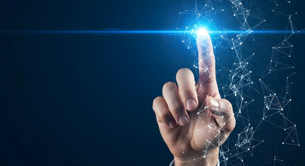 Innovative human finger touching a digital network connection glowing with blue light