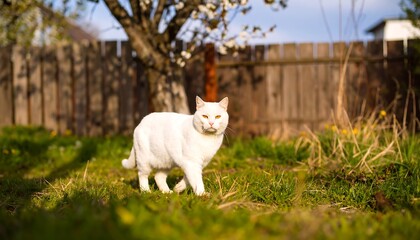 Obraz premium A serene white cat strolls across a grassy yard, bathed in sunlight, with a rustic wooden fence as a backdrop.