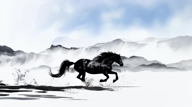 富士山と日の出を背景に駆ける馬の水彩・水墨画アニメーション  午年の年賀状素材