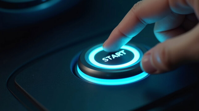 A person's finger is poised to press a bright, glowing 'START' button, symbolizing a new beginning or launch